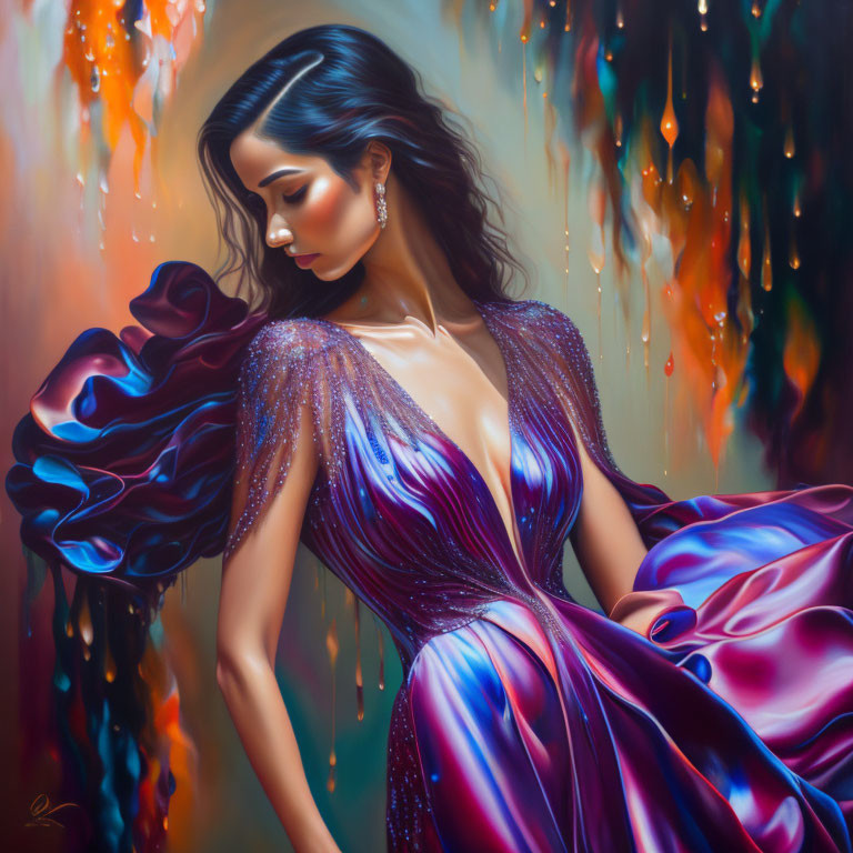 Woman in Sparkling Purple Dress Amid Vibrant, Melting Colors