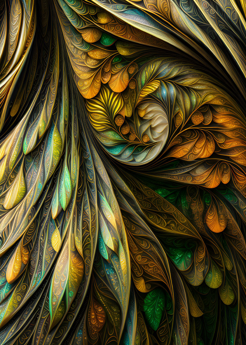 Swirling Abstract Fractal Art: Gold, Green, and Bronze Patterns