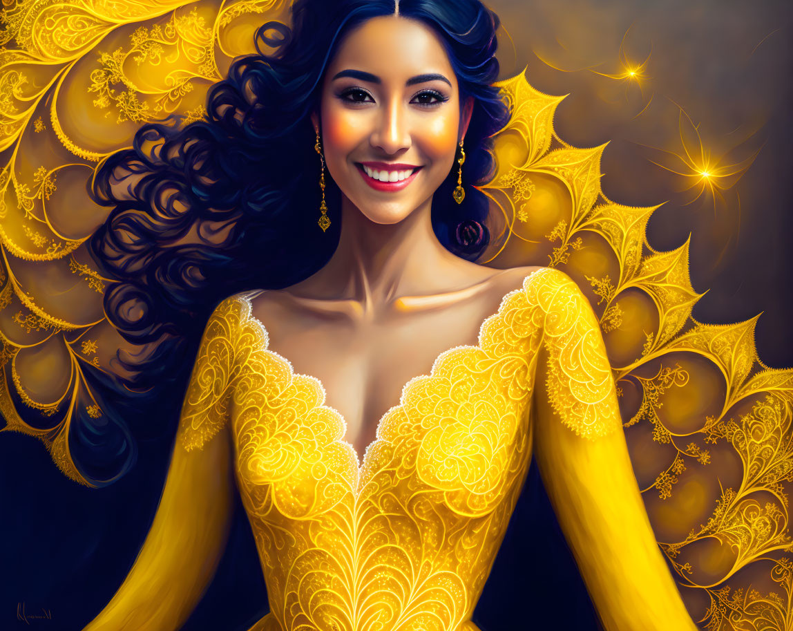 Radiant woman in golden dress with dark hair and ornate background