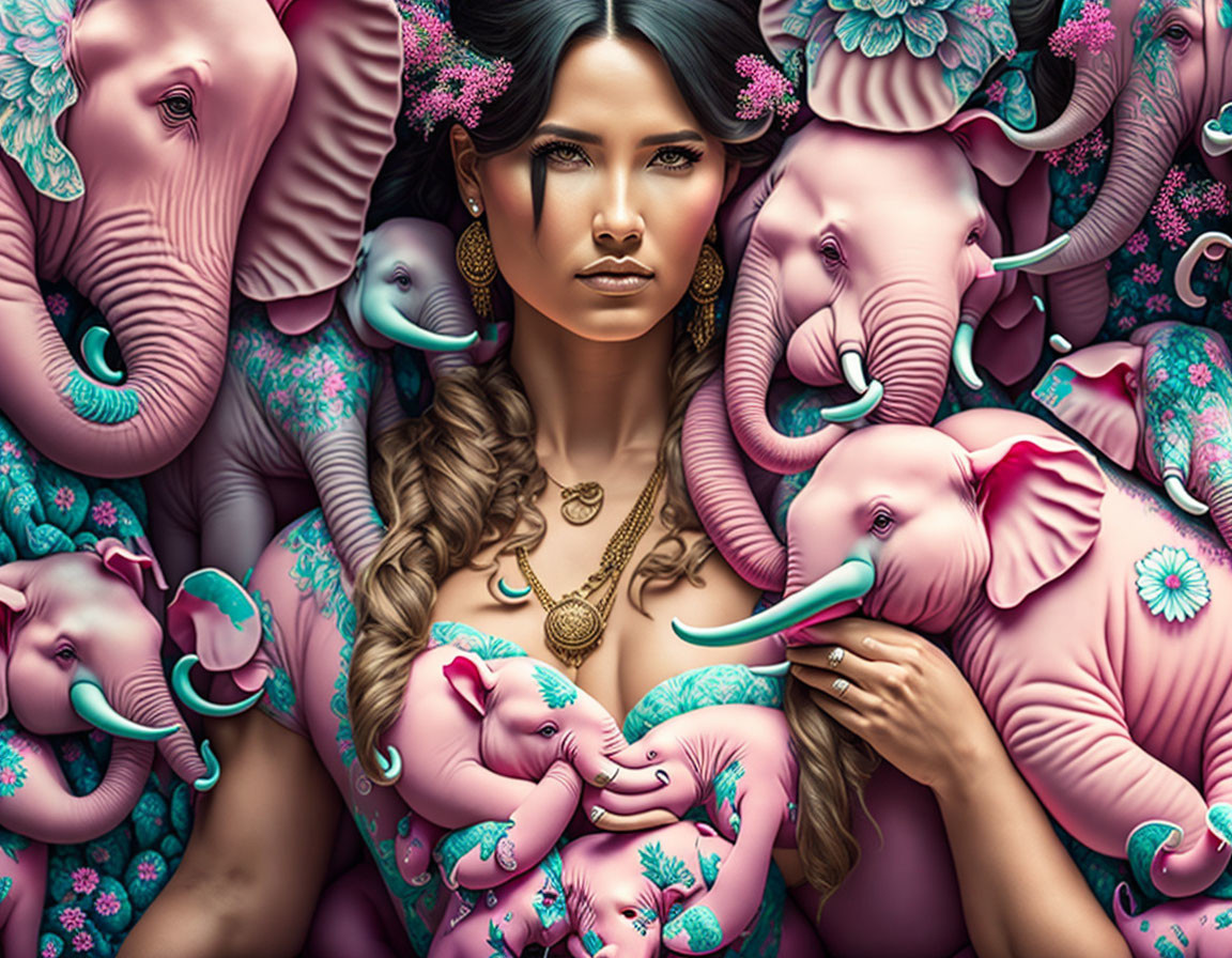 Woman with Stylized Elephants in Pink and Blue Floral Patterns