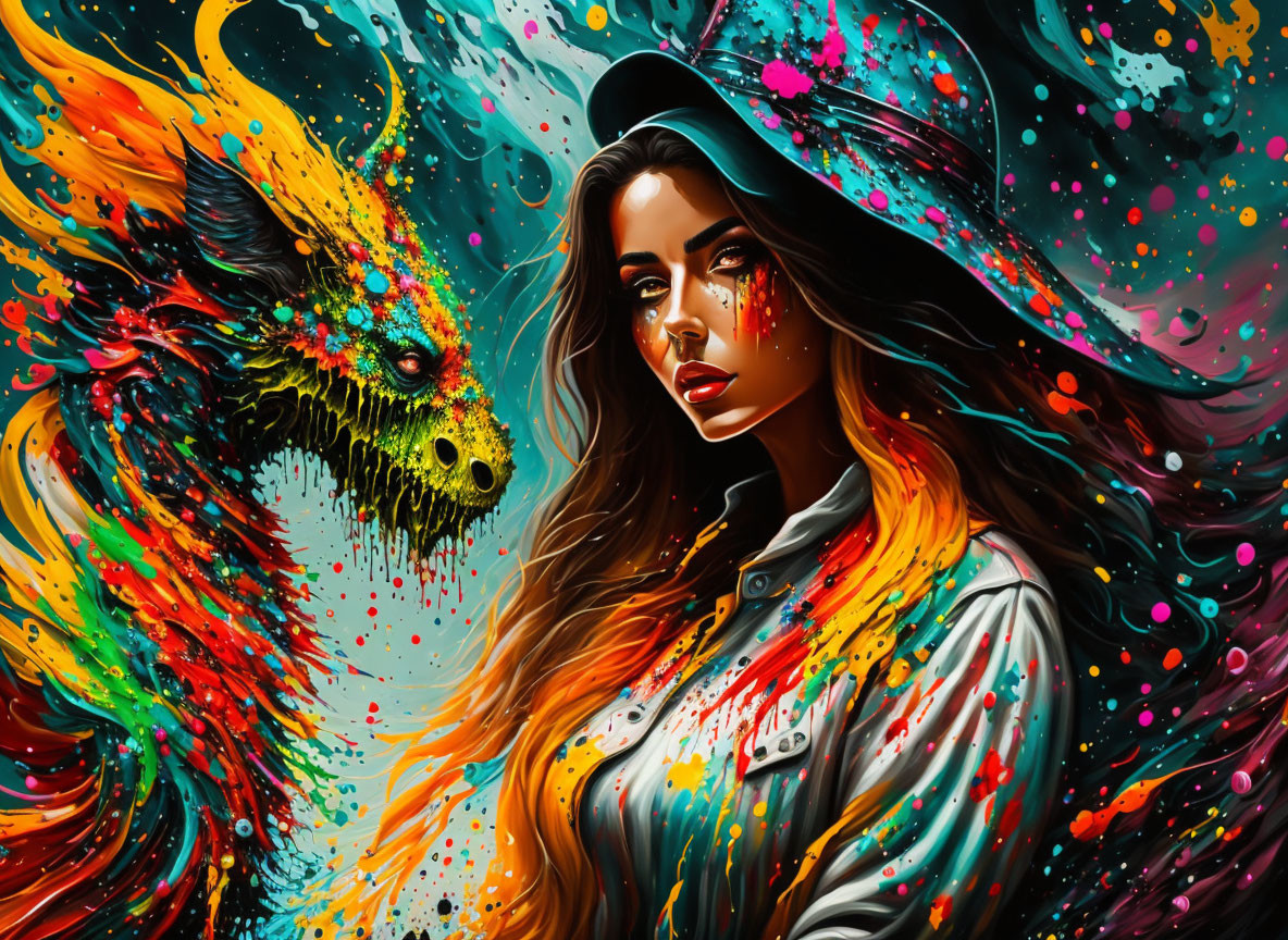 Colorful digital artwork: Woman in hat with abstract dragon, vibrant paint splashes