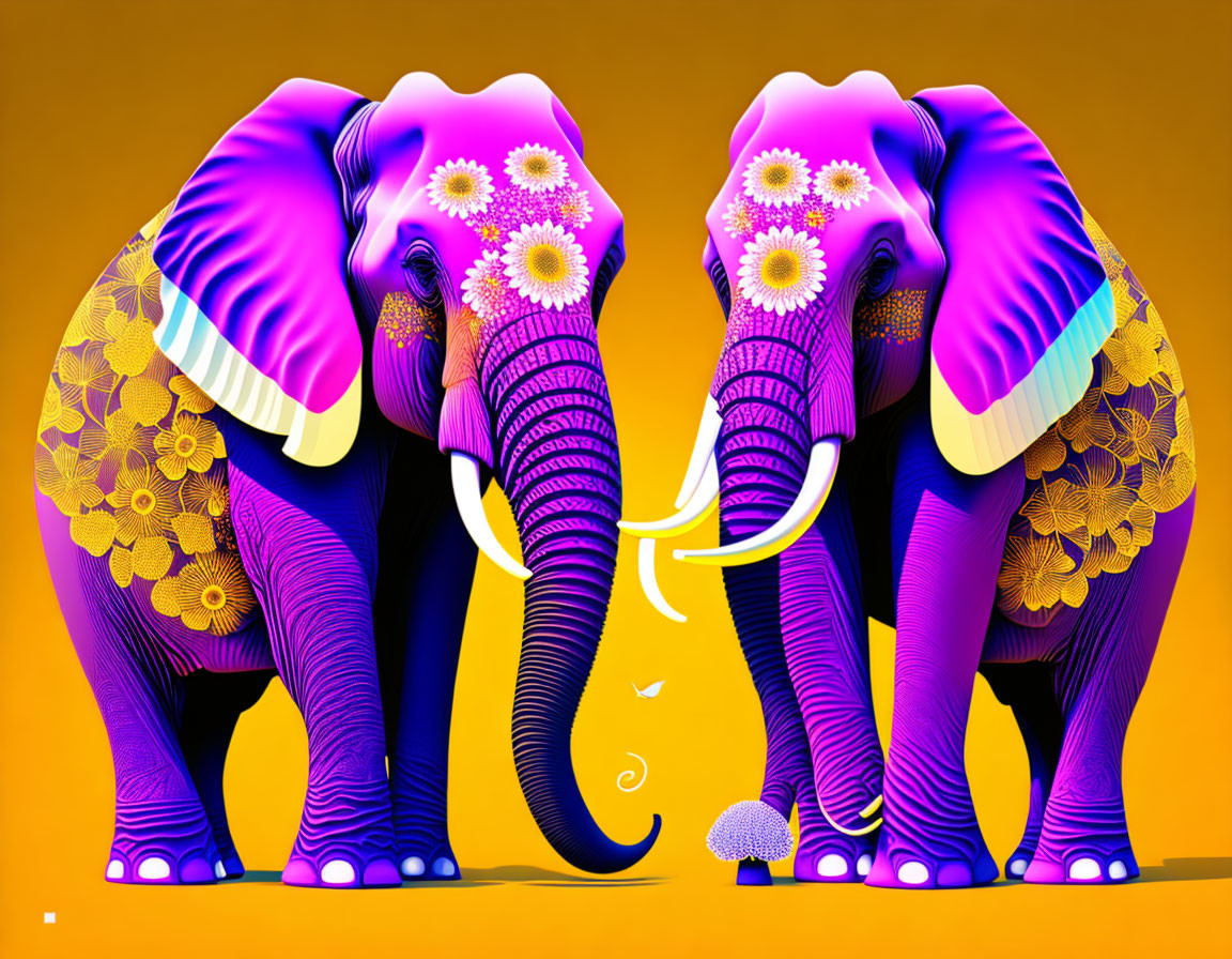 Purple and Blue Ornate Elephants Facing Each Other on Yellow Background