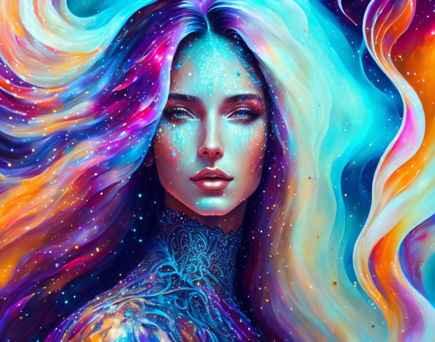 Vibrant digital artwork: Woman with colorful hair and star-like skin.