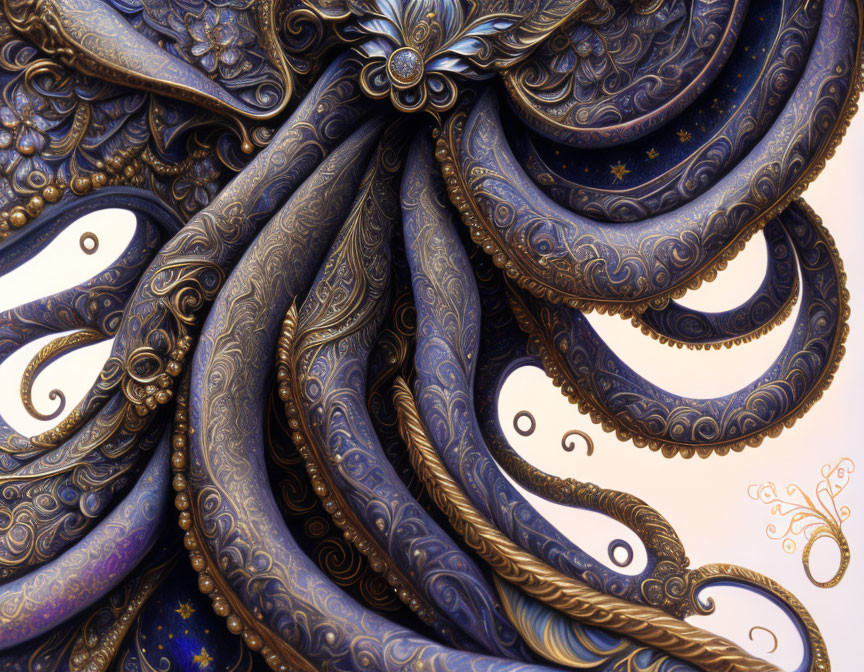 Intricate Blue and Gold Octopus on Gradient Background