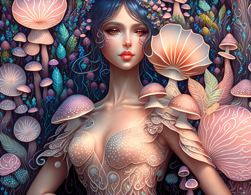 Fantastical illustration: Woman with blue hair in vibrant nature scene