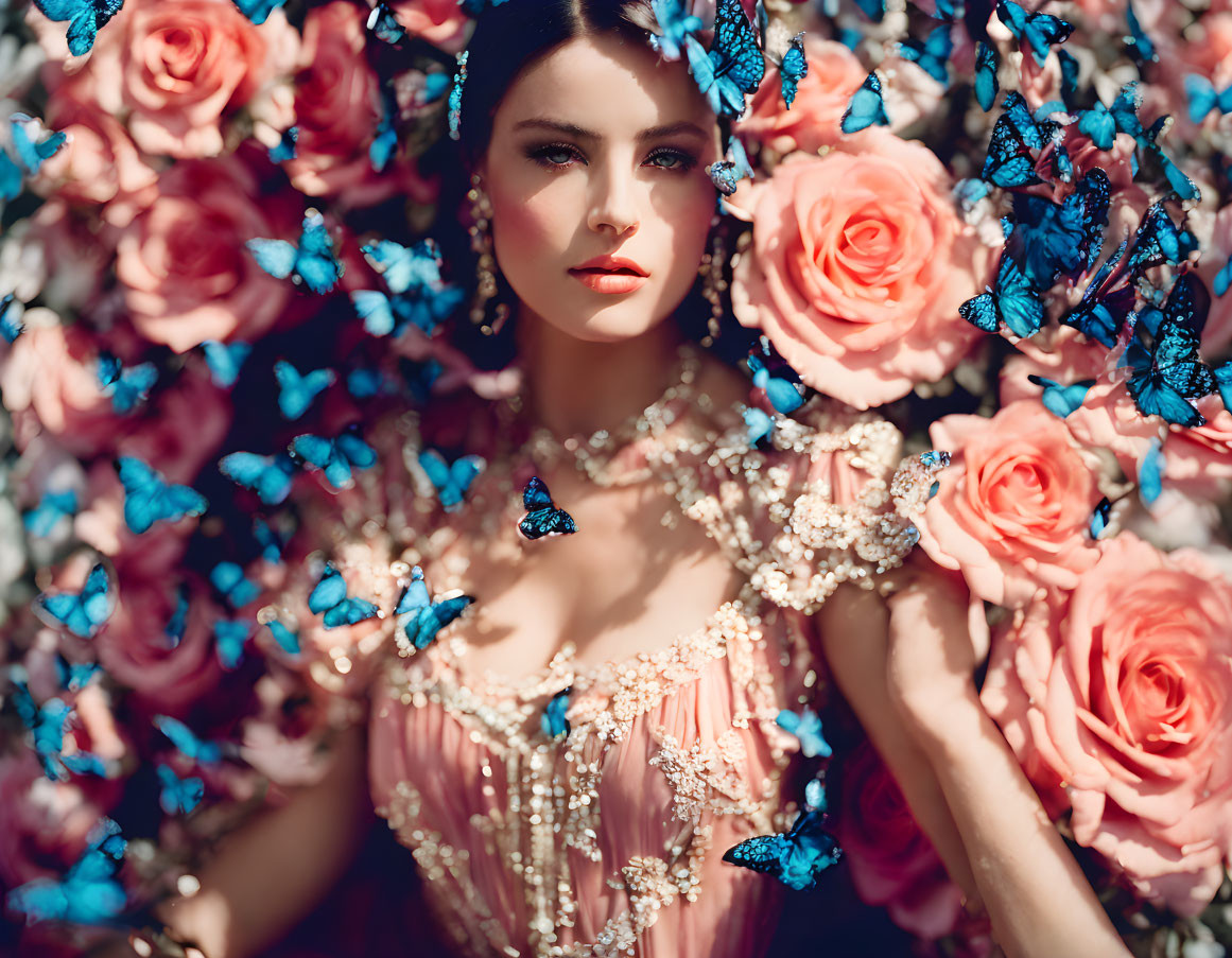 Woman in pink dress with roses and butterflies, intense gaze