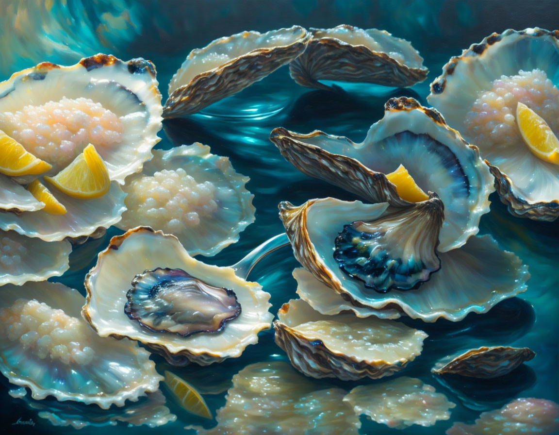 Oysters with Pearls and Lemon Wedges on Blue Water Surface