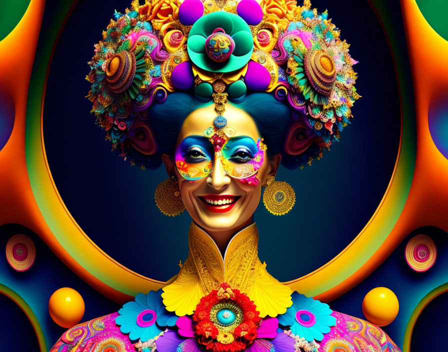 Colorful digital art: Smiling female figure with elaborate headdress on psychedelic background