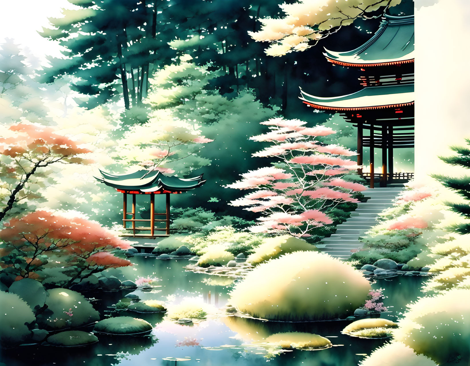 Tranquil Japanese Garden with Pond, Cherry Blossoms & Pagodas