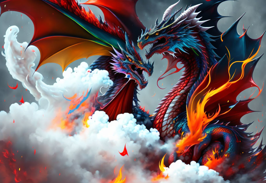 Colorful digital art: Red and blue dragon in clouds with flames and white dove