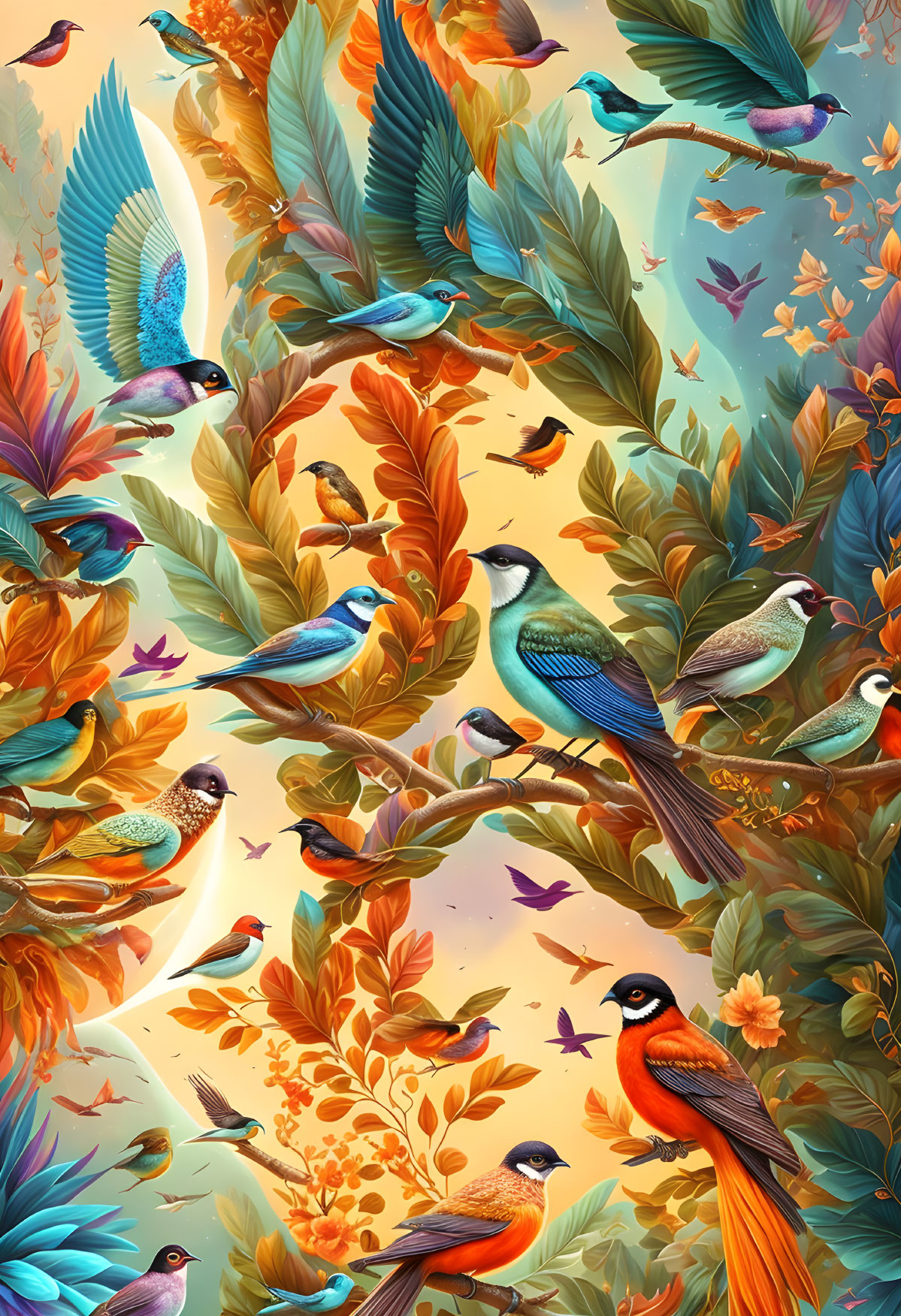 Colorful birds flying among autumn leaves and flora in vibrant illustration