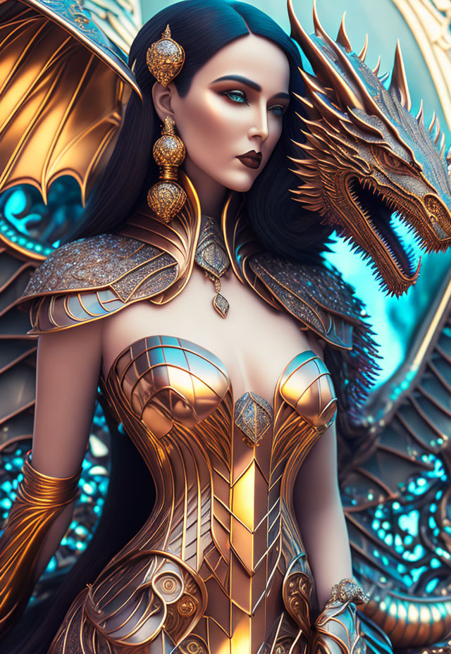 Fantastical image of woman in golden armor with dragon.