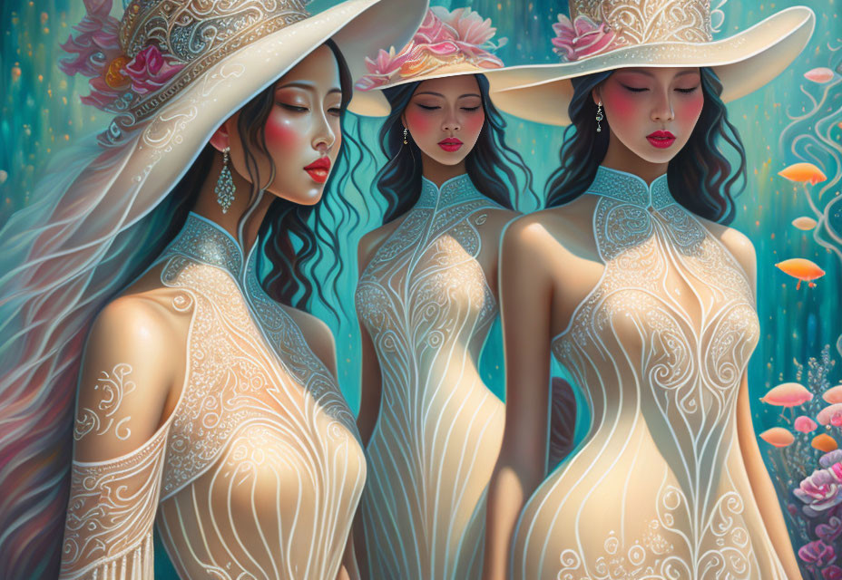 Three elegant women with flowing hair and elaborate hats in dreamlike aquatic setting.