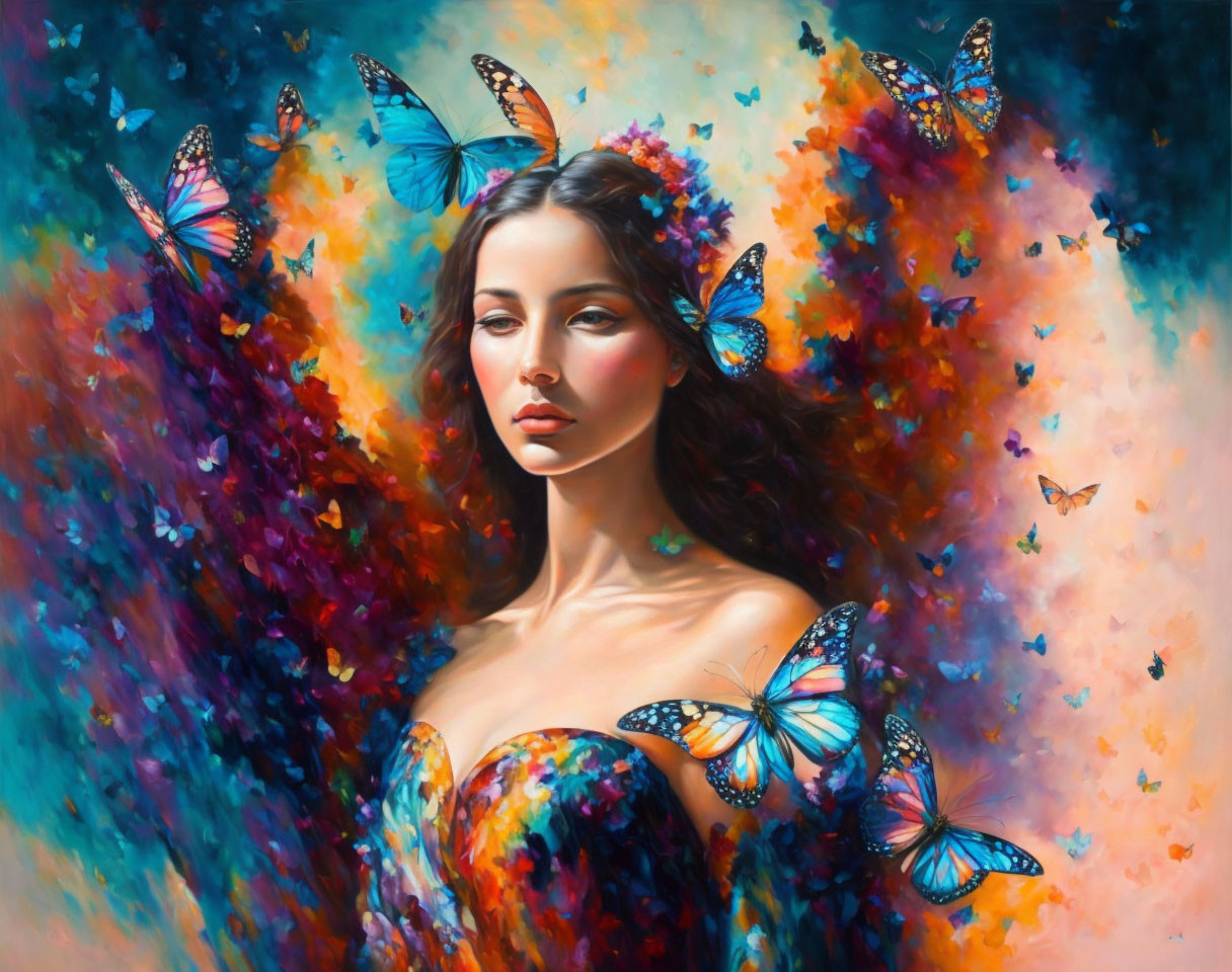 Woman surrounded by butterflies in colorful, dream-like painting