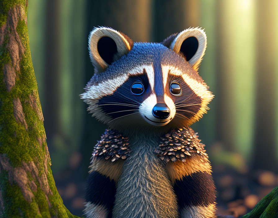 Cartoon raccoon with big blue eyes in sunlit forest