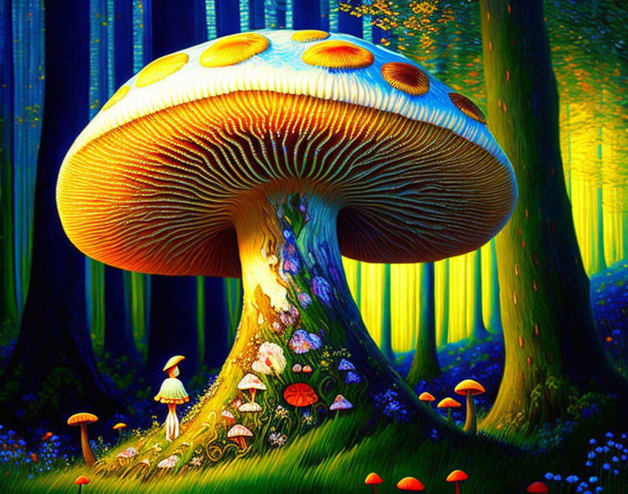 Colorful fantasy art: Giant mushroom in glowing forest