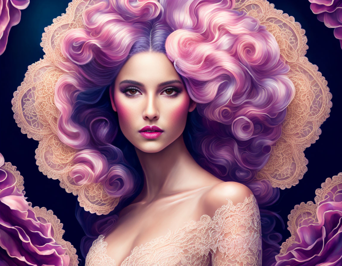 Voluminous purple curly hair woman with striking makeup on dark floral background