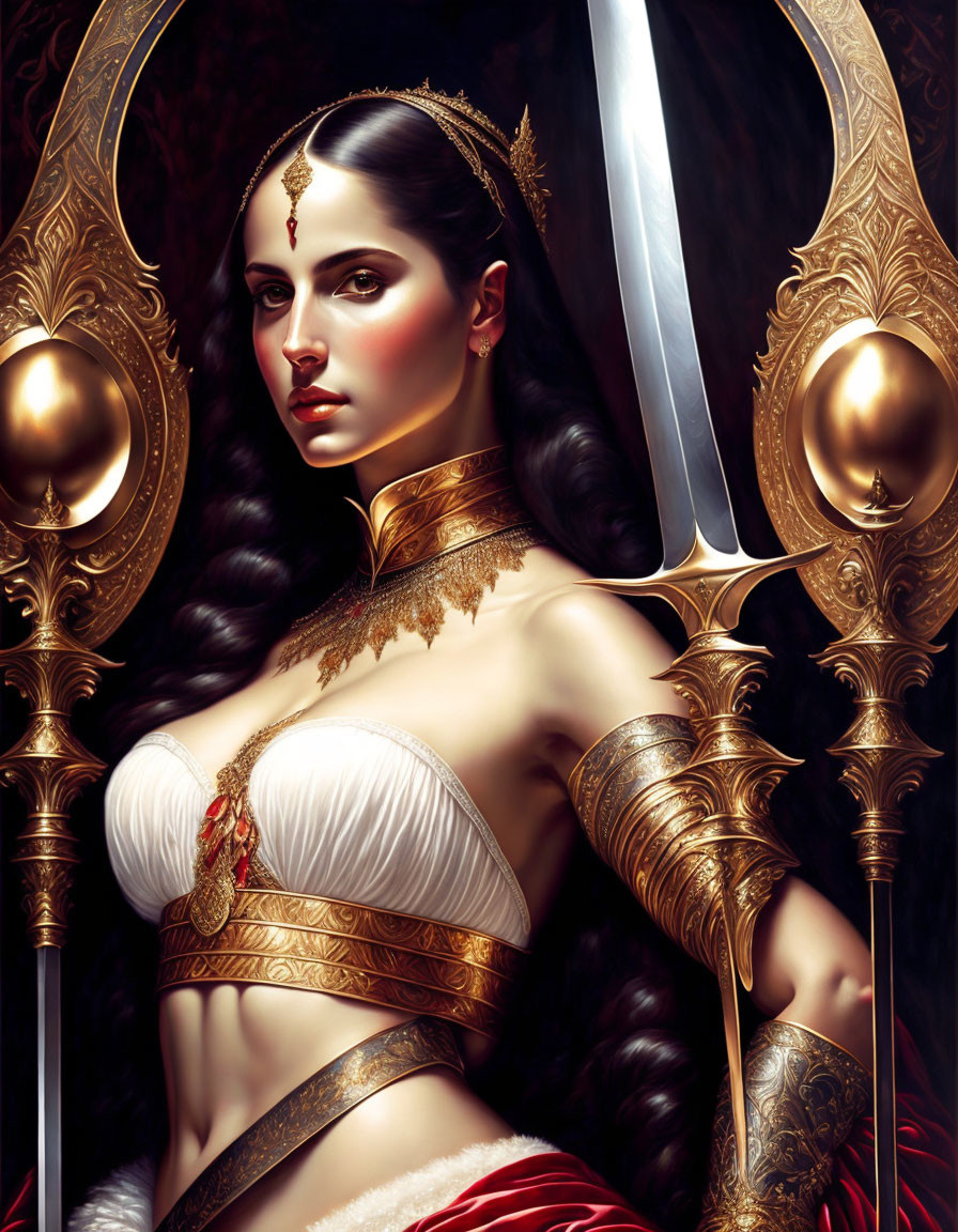 Dark-haired woman in golden armor wields sword with elegance