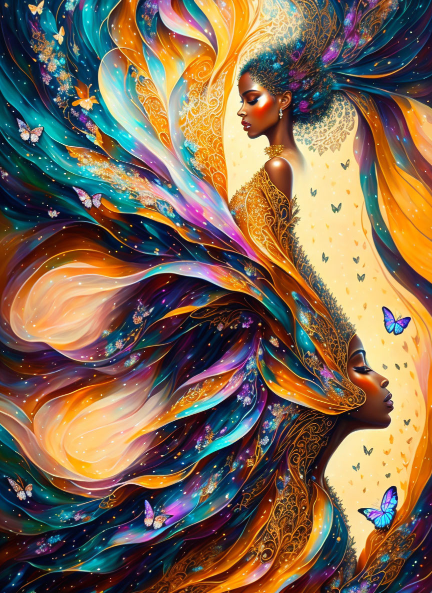 Colorful artwork: Two women with flowing hair, abstract patterns, butterflies, stars.