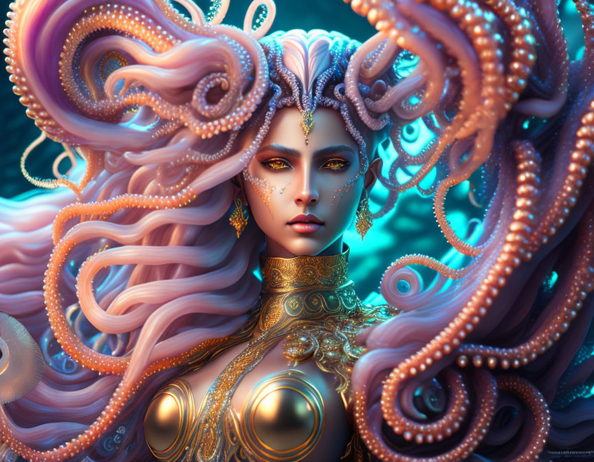 Fantasy artwork: Woman with octopus-like hair, golden armor, delicate features on blue backdrop