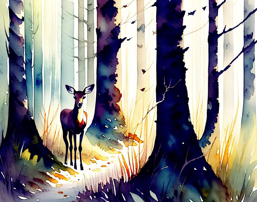 Watercolor painting of lone deer in colorful forest