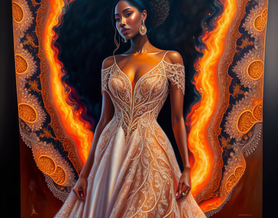 Woman in elegant gown with golden embroidery surrounded by swirling flames and fiery background.