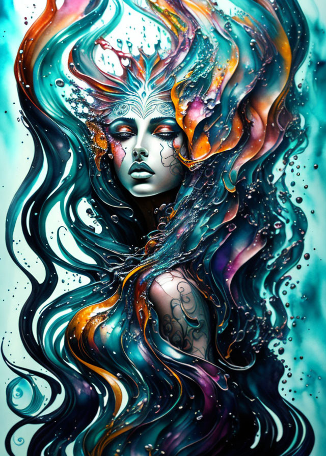 Colorful artwork: Woman with flowing hair in aquatic-themed design