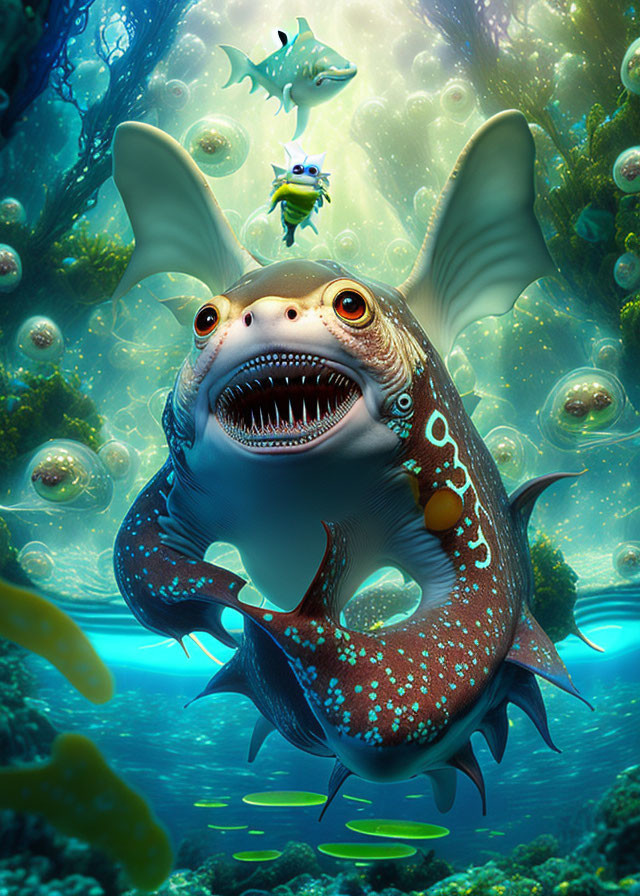 Colorful underwater illustration with large-eyed fish and bubbles