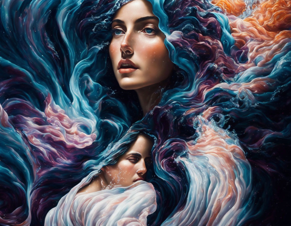 Surreal portrait of two women with flowing hair in cosmic colors