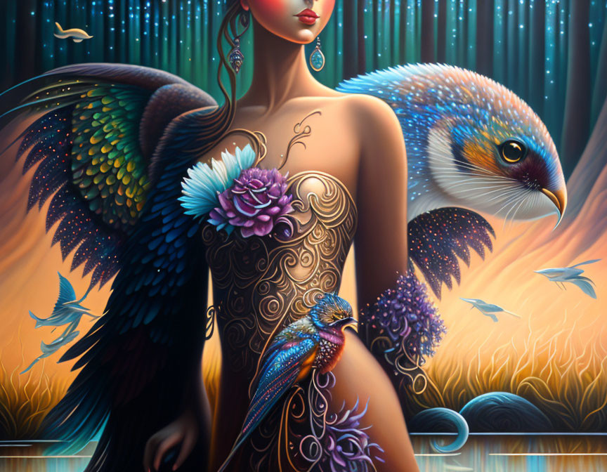 Illustration of woman with bird features in enchanted forest
