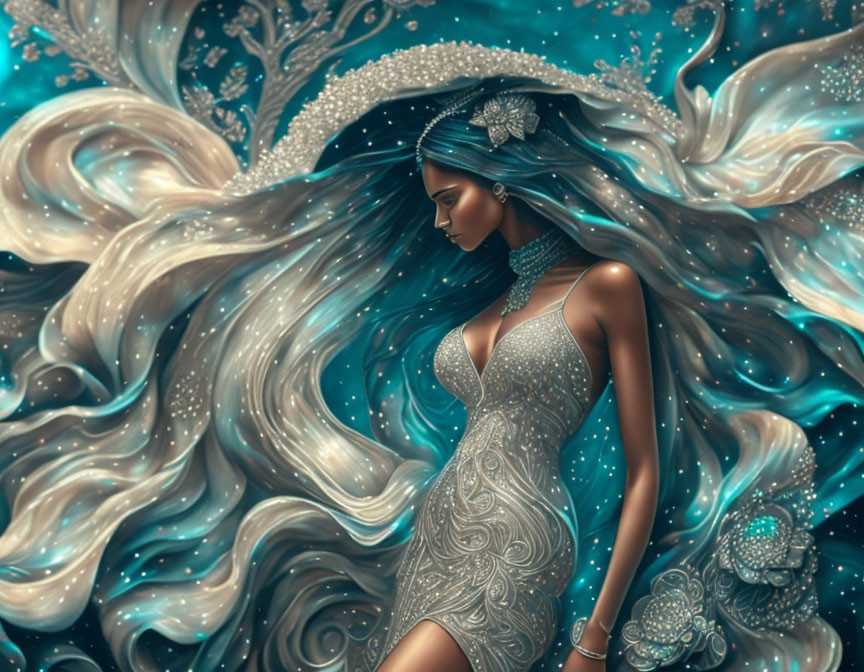 Blue-haired woman in silver dress surrounded by celestial swirls