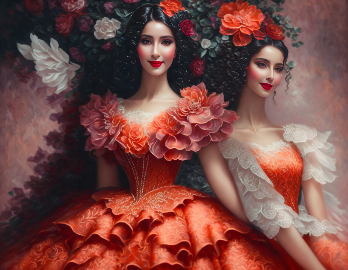 Two women in elaborate orange dresses against floral backdrop