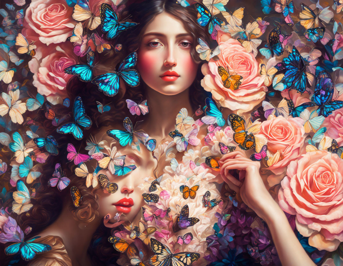 Surreal portrait of two women with butterflies and pink roses