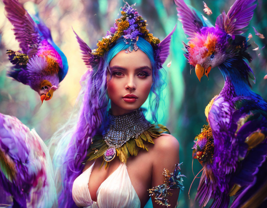 Fantasy-inspired woman with vibrant purple hair in colorful forest scene