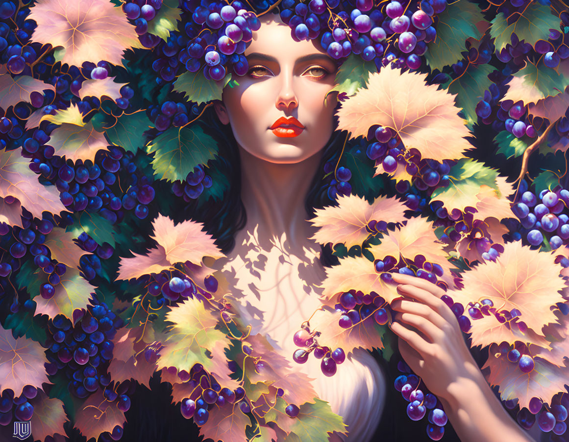 Woman's face illustration with purple grapes and mystical aura