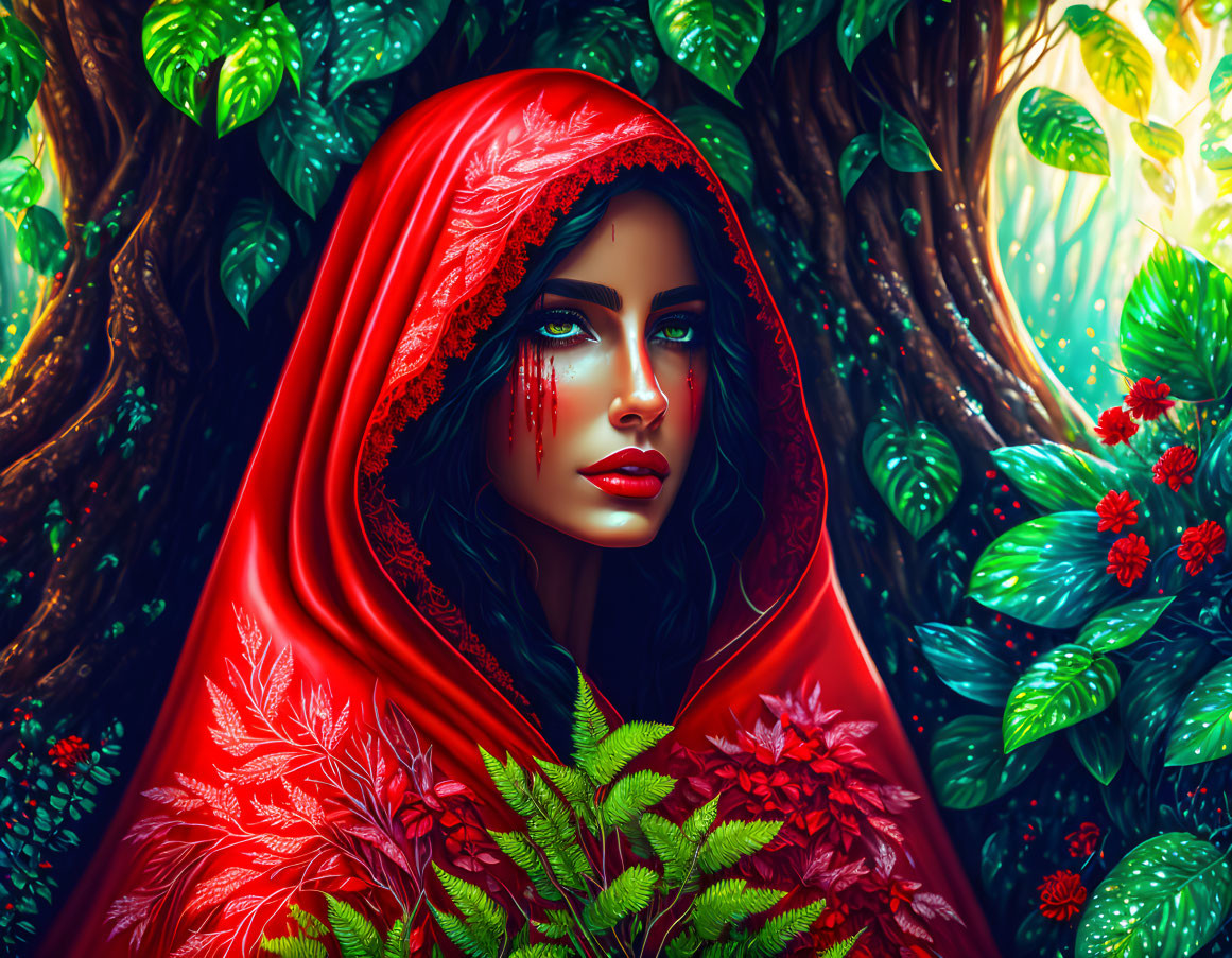 Woman with Blue Eyes in Red Hooded Cloak Surrounded by Green Foliage