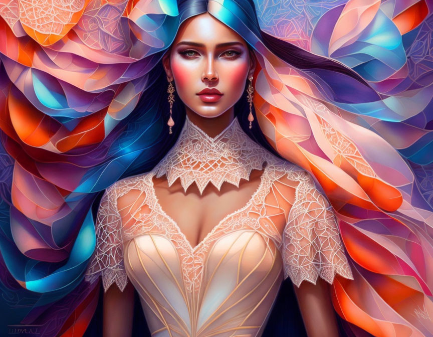 Digital artwork: Woman with striking features, elaborate earrings, lace collar, colorful swirls