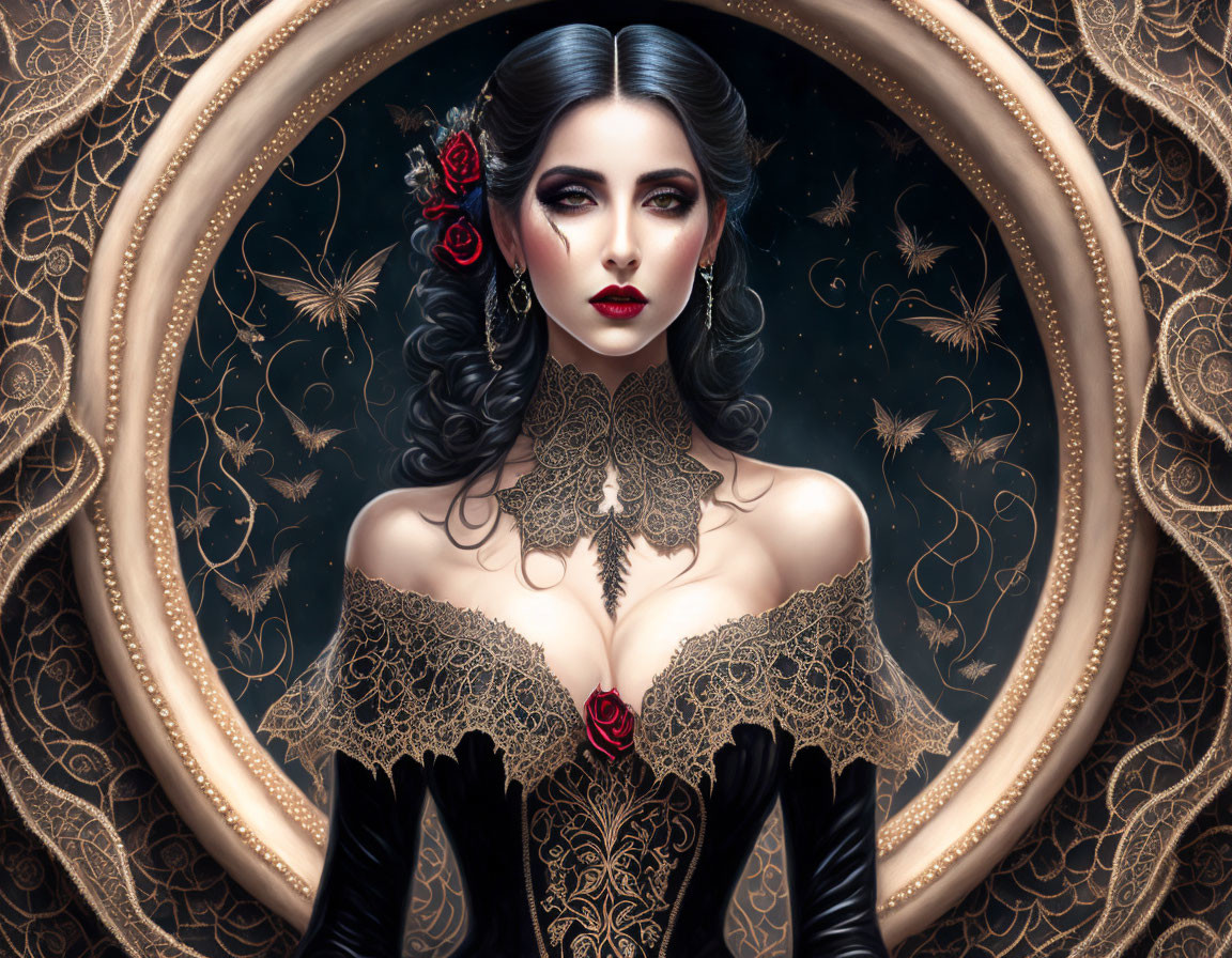 Portrait of woman with pale skin, dark hair, red lips in black lace dress with golden frame and