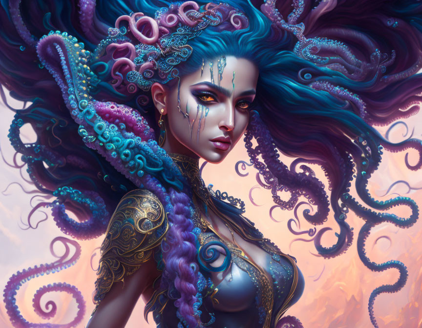 Fantasy illustration of woman with octopus tentacles for hair and intricate body armor