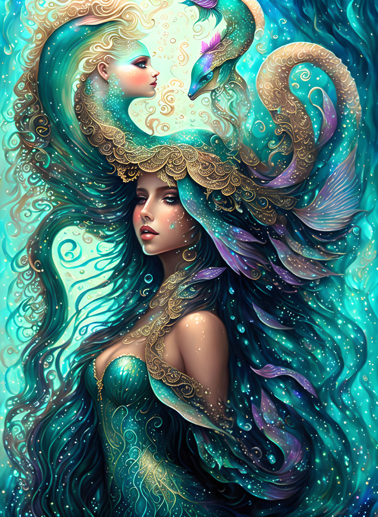 Ethereal women in sea-themed attire with aquatic elements and bubbles