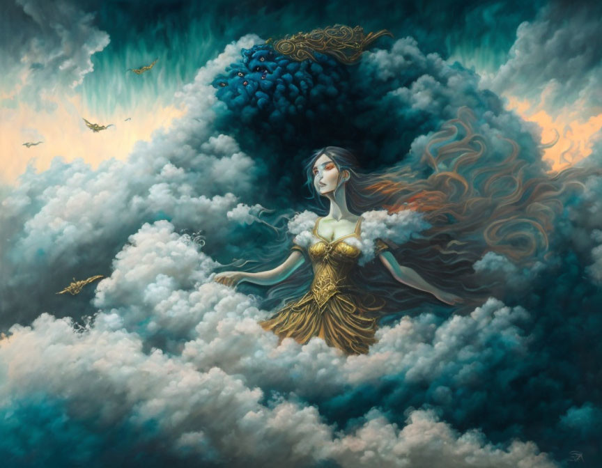 Surreal portrait of woman merging with clouds and birds