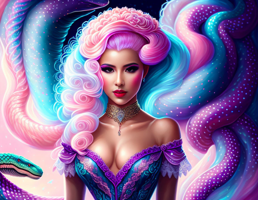 Colorful illustration: woman with pink hair, purple dress, and galaxy-patterned serpent creature