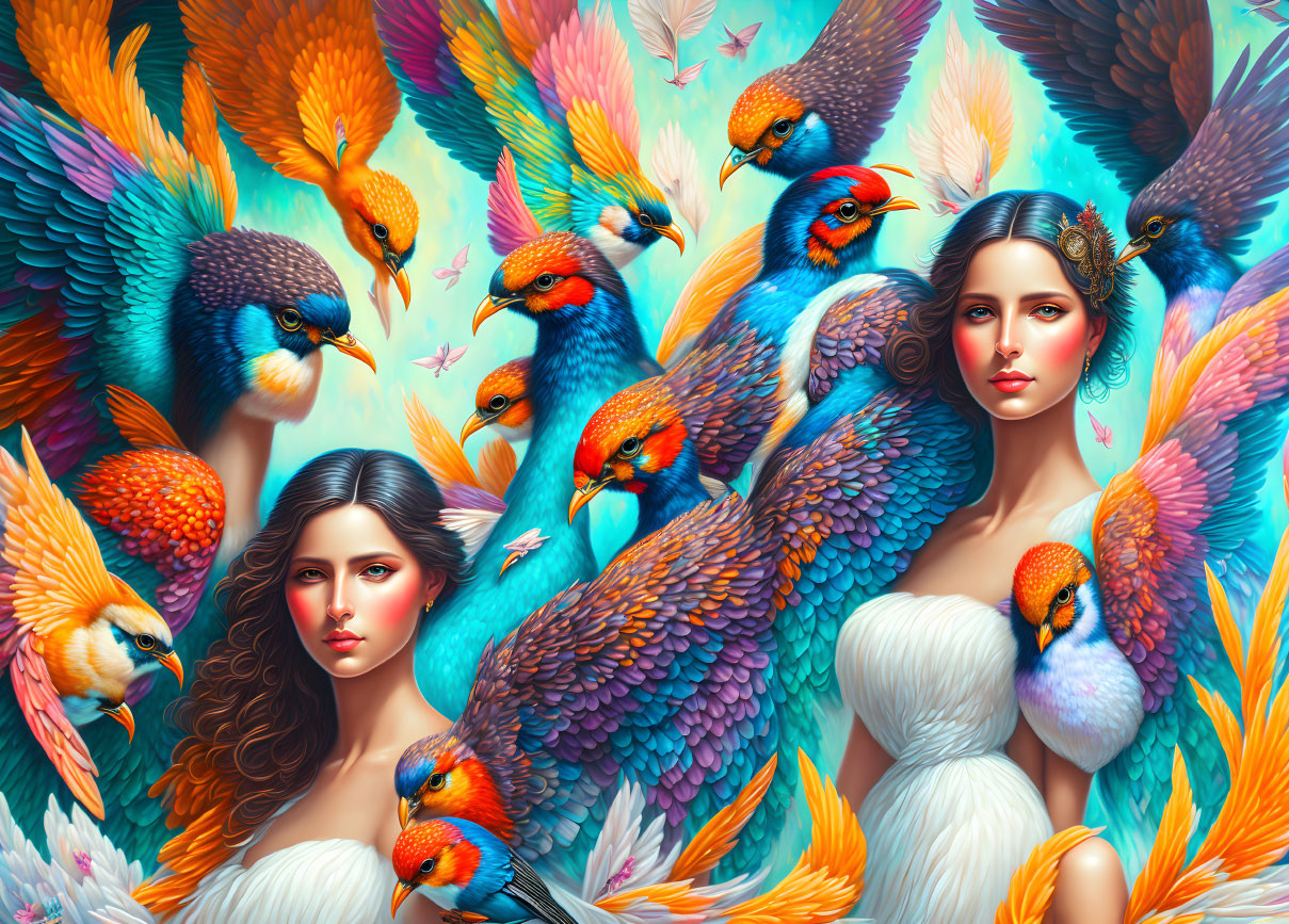 Woman surrounded by colorful, intricate birds in lush setting