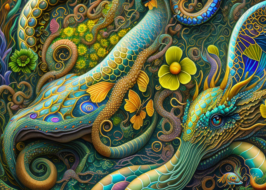 Colorful Artwork of Intertwining Creatures in Fantastical Underwater Scene