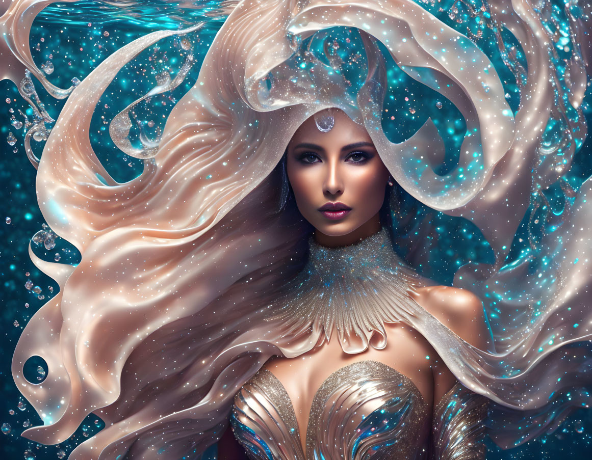 Mystical digital artwork: woman with flowing hair and gold bodice in aquatic setting