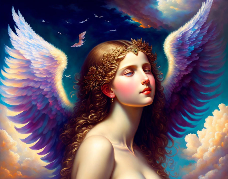 Ethereal figure with angel wings and golden laurel crown in vibrant sky.