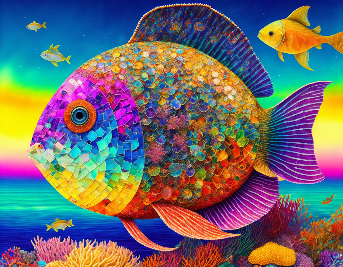 Colorful Mosaic Fish Swimming Among Coral Reefs