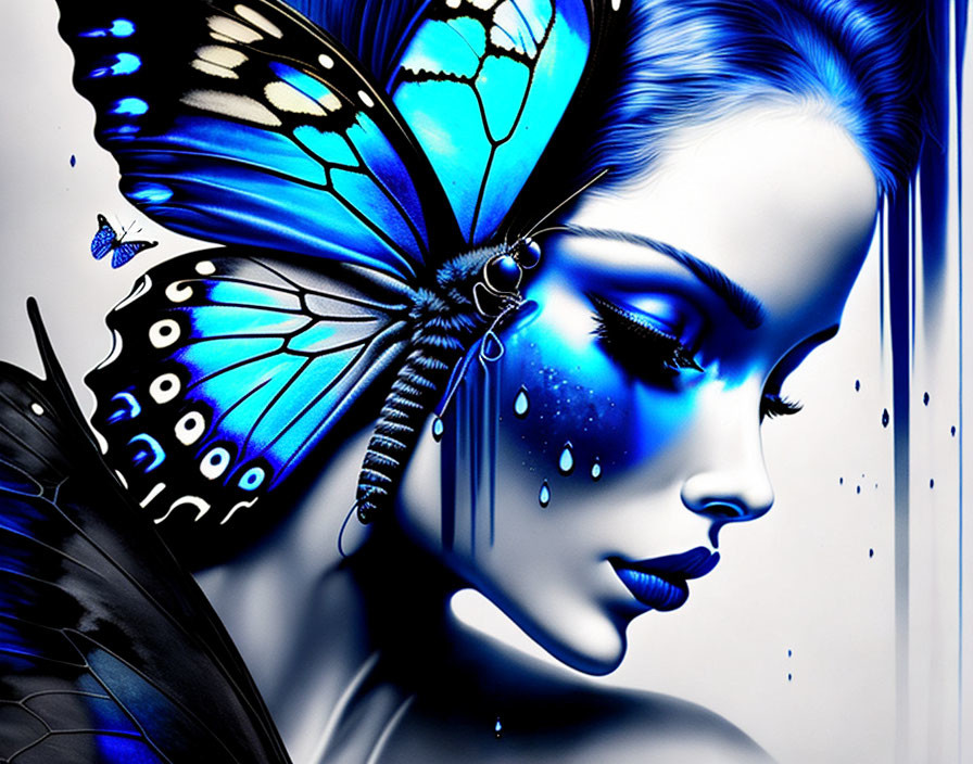 Blue-skinned woman with butterfly wing and tears on white and blue background