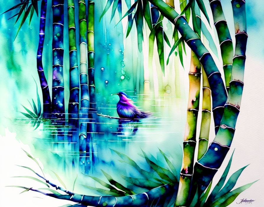 Colorful watercolor painting: Bamboo, pond, purple bird.