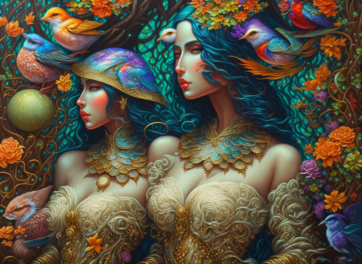 Vibrant blue-haired women in ornate golden armor with colorful birds and intricate floral backdrop.